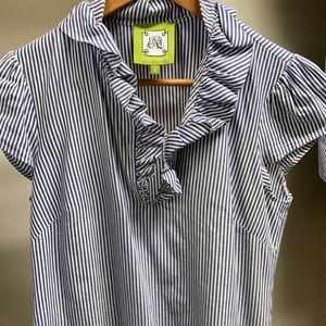 Classy blue and white stripe blouse w/ruffle neck
